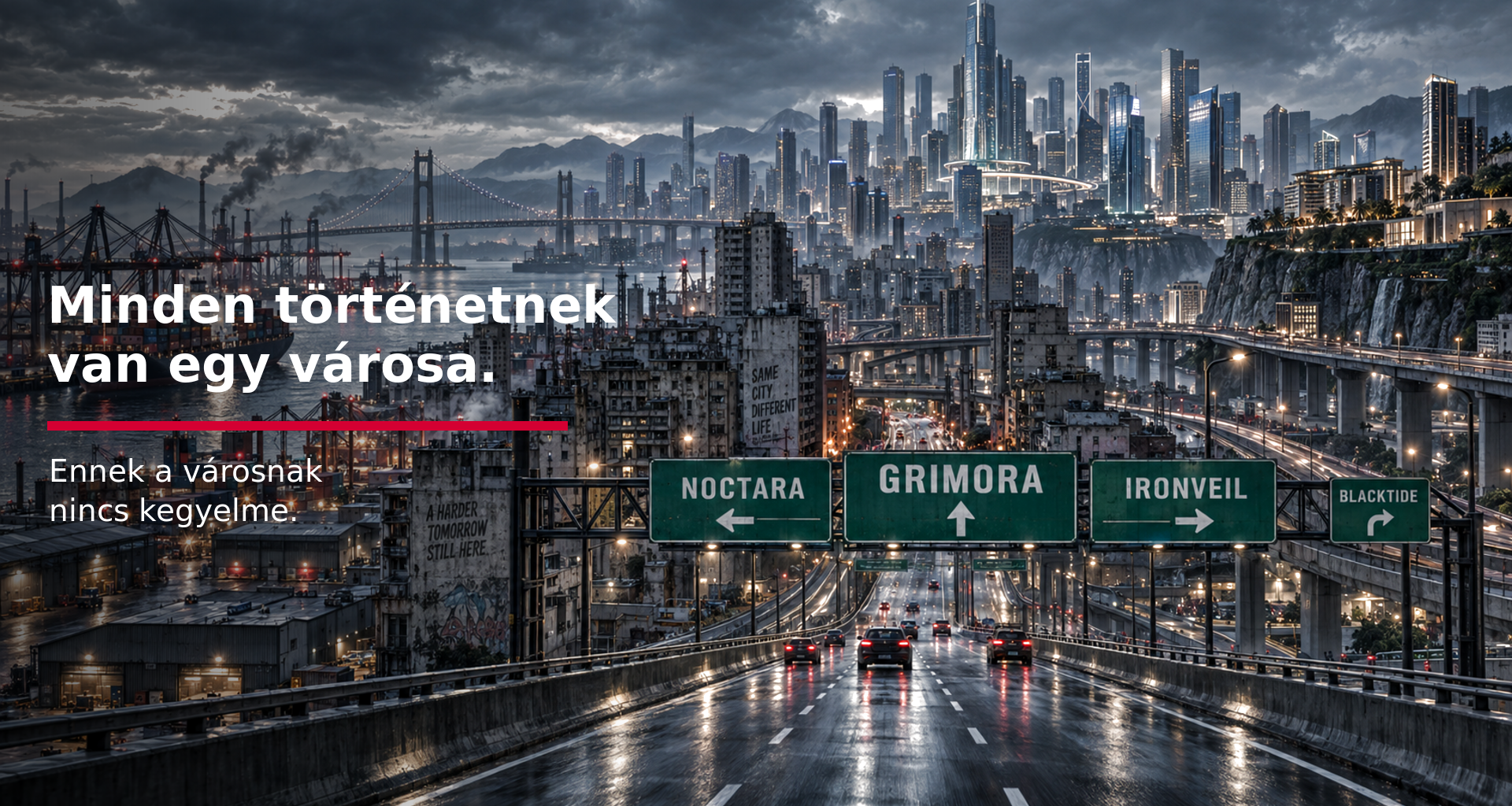 Grimora kikötővárosa az autópályáról, ipari negyedekkel és felhőkarcolókkal